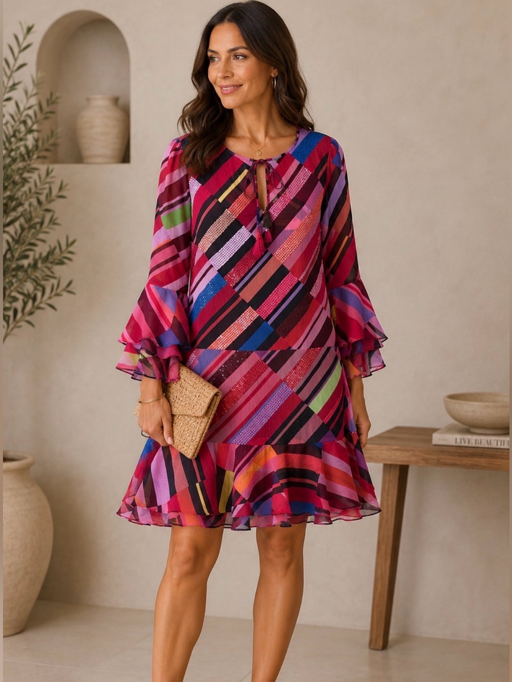 Derhy Vibrant Multicolor Striped Ruffle Dress with sequin size M